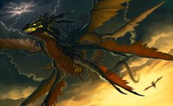 Rule 34 | cloud, cloudy sky, commentary request, dragon, fang, fantasy, flying, griffin, highres, horns, lightning, multiple wings, no humans, pixiv fantasia, pixiv fantasia new world, sharp teeth, sky, teeth, wings, yellow eyes, yellow sky, yuzu shio
