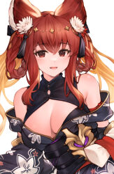 Rule 34 | 1girl, animal ears, anthuria, anthuria (yukata), bare shoulders, braid, braided hair rings, breasts, cleavage, erune, floral print, flower, granblue fantasy, hair flower, hair ornament, hair rings, highres, japanese clothes, kimono, koretsuki azuma, looking at viewer, medium breasts, official art, open mouth, red eyes, red hair, smile, solo, upper body, yukata