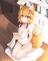 Rule 34 | 1girl, 2drr, animal ear fluff, animal ears, apron, apron lift, bare arms, bare legs, bare shoulders, barefoot, black panties, blonde hair, blush, breasts, closed mouth, clothes lift, collarbone, commentary request, desk, fingernails, flower, fox ears, fox girl, fox tail, hair between eyes, hair flower, hair ornament, highres, lifted by self, looking at viewer, navel, nearly naked apron, panties, red flower, seiza, senko (sewayaki kitsune no senko-san), sewayaki kitsune no senko-san, sitting, small breasts, smile, solo, tail, tail raised, underwear, white apron, wooden floor, yellow eyes