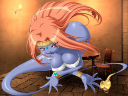 Rule 34 | arabian clothes, ass, blue skin, bracelet, breasts, butt crack, colored skin, covered erect nipples, genie, ikazuchi no senshi raidy, jewelry, lamp, lots of jewelry, nail polish, red eyes, red hair