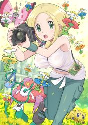 Rule 34 | 1girl, absurdres, bare shoulders, blonde hair, blue eyes, breasts, bug, butterfly, camera, creatures (company), flabebe, flabebe (blue flower), flabebe (orange flower), flabebe (red flower), flabebe (white flower), flabebe (yellow flower), florges, florges (red flower), flower, game freak, gen 3 pokemon, gen 5 pokemon, gen 6 pokemon, highres, insect, joltik, large breasts, midriff, navel, nintendo, open mouth, pants, pokemoa, pokemon, pokemon (creature), pokemon xy, shirt, spider, surskit, tank top, viola (pokemon), vivillon, vivillon (meadow), wet, wet clothes, wet shirt