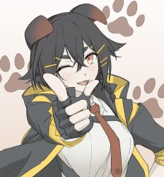 Rule 34 | 1girl, ;d, animal ears, arknights, black gloves, black hair, black jacket, blush, braid, breasts, brown background, brown eyes, brown necktie, commentary, dog ears, fingerless gloves, gloves, hair between eyes, hair ornament, hairclip, hand on own hip, highres, jacket, jackie (arknights), kyoro (kyoroillust), long sleeves, looking at viewer, medium breasts, necktie, one eye closed, open clothes, open jacket, open mouth, outstretched arm, pointing, pointing at viewer, shirt, short eyebrows, simple background, smile, solo, symbol-only commentary, thick eyebrows, upper body, white shirt