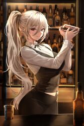 Rule 34 | 1girl, absurdres, alcohol, arms up, bar (place), bartender, breasts, cleavage, cocktail shaker, cup, drinking glass, hair between eyes, highres, large breasts, lillly, long hair, long sleeves, looking at viewer, original, red eyes, shaking, shirt, smile, solo, white hair