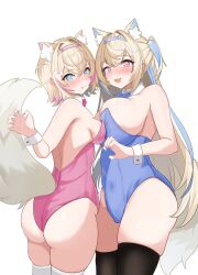 Rule 34 | 2girls, alternate costume, animal ear fluff, animal ears, ass, asymmetrical docking, bandaid, bandaid hair ornament, black thighhighs, blonde hair, blue eyes, blue hair, blue leotard, blue nails, breast press, breasts, cleavage, collar, detached collar, dog ears, dog girl, dog tail, fuwawa abyssgard, hair ornament, hairpin, highres, hololive, hololive english, large breasts, leotard, long hair, looking at viewer, medium hair, mococo abyssgard, multicolored hair, multiple girls, nail polish, open mouth, pink eyes, pink hair, pink leotard, pink nails, playboy bunny, sasaki ikuya, siblings, sisters, small breasts, smile, strapless, strapless leotard, streaked hair, tail, thighhighs, tongue, tongue out, twins, two side up, virtual youtuber, white collar, white thighhighs, x hair ornament