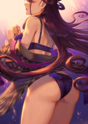 Rule 34 | 1girl, ass, back, bare shoulders, bra, breasts, brown hair, commentary request, fate/grand order, fate (series), gradient background, hair between eyes, hair ornament, hand up, highres, japanese clothes, kimono, lace, lace-trimmed bra, lace-trimmed panties, lace trim, large breasts, lingerie, long hair, mashuu (neko no oyashiro), murasaki shikibu (fate), navel, off shoulder, panties, parted lips, purple bra, purple eyes, purple panties, rope, sidelocks, solo, thighs, underwear, very long hair