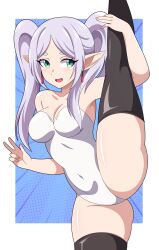 Rule 34 | 1girl, absurdres, abysswatchers, arm up, bare arms, bare shoulders, black thighhighs, blush, border, breasts, cleavage, collarbone, covered navel, earrings, elf, eyebrows, eyelashes, feet out of frame, female focus, fingernails, frieren, green eyes, grey hair, hand up, highres, jewelry, leg hold, leg up, leotard, long hair, long pointy ears, looking at viewer, medium breasts, open mouth, petite, pointy ears, simple background, smile, solo, sousou no frieren, split, standing, standing on one leg, strapless, strapless leotard, thick eyebrows, thighhighs, thighs, twintails, v, white background, white border, white leotard