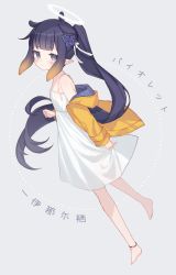 Rule 34 | 1girl, absurdres, animal ears, anklet, barefoot, blush, character name, commentary, dress, flat chest, flower, full body, grey background, hair flower, hair ornament, hair ribbon, halo, high ponytail, highres, hololive, hololive english, jacket, jewelry, long hair, long sleeves, looking at viewer, looking back, mole, mole under eye, ninomae ina&#039;nis, pointy ears, purple eyes, purple flower, purple hair, raincoat, ribbon, shouu-kun, sleeveless, sleeveless dress, solo, spaghetti strap, symbol-only commentary, tentacle hair, translated, very long hair, violet (ninomae ina&#039;nis), virtual youtuber, white dress, white ribbon, yellow jacket