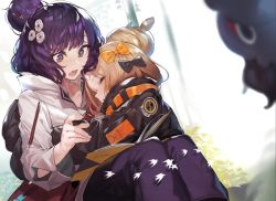 Rule 34 | 2girls, abigail williams (fate), abigail williams (traveling outfit) (fate), akieda, bag, bandaid, bandaid on face, bandaid on forehead, belt, black bow, black jacket, blonde hair, blush, book, bow, breasts, closed eyes, crossed bandaids, fate/grand order, fate (series), flower, forehead, grin, hair bun, hair flower, hair ornament, heroic spirit traveling outfit, high collar, highres, hug, jacket, katsushika hokusai (fate), katsushika hokusai (traveling outfit) (fate), long hair, long sleeves, multiple bows, multiple girls, official alternate costume, open book, open mouth, orange belt, orange bow, parted bangs, pencil, purple eyes, purple hair, short hair, shoulder bag, simple background, single hair bun, sketchbook, sleeves past fingers, sleeves past wrists, smile, swept bangs, white background