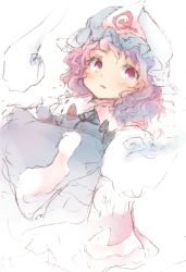 Rule 34 | 1girl, blue dress, blue hat, blush, capelet, dress, female focus, frilled headwear, ghost, hat, looking at viewer, mob cap, open mouth, pink hair, red eyes, ripu (lipi), saigyouji yuyuko, short hair, simple background, sketch, solo, touhou, wavy hair, white background, white capelet