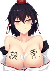 Rule 34 | 1girl, :q, absurdres, bare shoulders, between breasts, black hair, blush, breasts, chinese commentary, collarbone, commentary request, hair between eyes, hat, highres, japanese clothes, kimono, large breasts, looking at viewer, off shoulder, pointy ears, red eyes, seductive smile, shameimaru aya, short hair, simple background, smile, solo, tassel, tokin hat, tongue, tongue out, touhou, translation request, upper body, white background, white kimono, wuwusan