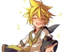 Rule 34 | 1boy, absurdres, bass clef, beamed eighth notes, black collar, black sleeves, blonde hair, closed eyes, collar, commentary, detached sleeves, ei flow, eighth note, english commentary, facing viewer, heart, highres, kagamine len, male focus, musical note, necktie, open mouth, rainbow, reaching, reaching towards viewer, sailor collar, school uniform, shirt, short sleeves, smile, spiked hair, upper body, vocaloid, white background, white shirt, yellow neckwear