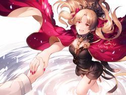 Rule 34 | 1boy, 1girl, :d, black dress, blonde hair, blush, cape, dress, earrings, ereshkigal (fate), fate/grand order, fate (series), fujimaru ritsuka (male), gold trim, hair ribbon, holding hands, hizuki miya, jewelry, long hair, looking at viewer, nail polish, open mouth, partially submerged, pov, pov hands, red cape, red eyes, red nails, ribbon, short dress, skull, smile, solo focus, spine, tiara, tohsaka rin, two side up, water