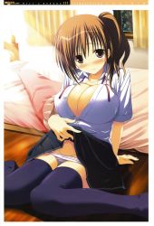 Rule 34 | 1girl, absurdres, bed, black thighhighs, blush, breasts, brown eyes, brown hair, cleavage, clothes lift, girl&#039;s avenue, highres, huge breasts, large breasts, looking at viewer, megami magazine, non-web source, official art, open clothes, open shirt, panties, ponytail, school uniform, shirt, skirt, skirt lift, solo, thighhighs, underwear, yukirin