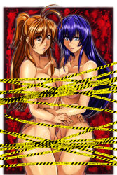 Rule 34 | 2girls, blood, blood splatter, blue eyes, breasts, brow, brown eyes, brown hair, busujima saeko, caution tape, censored, covering breasts, covering privates, highschool of the dead, keep out, large breasts, lipstick, long hair, looking at viewer, makeup, miyamoto rei, multiple girls, nude, penzoom, ponytail, purple hair, tape, teeth, yuri