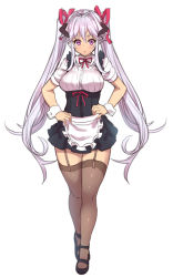 Rule 34 | 1girl, apron, black dress, black thighhighs, blush, breasts, demon maid (houtengeki), dress, duplicate, garter straps, hair ribbon, hands on own hips, highres, horns, houtengeki, large breasts, long hair, looking at viewer, maid, maid apron, maid headdress, open mouth, original, pink eyes, puffy sleeves, ribbon, short sleeves, silver hair, simple background, solo, thighhighs, twintails, waist apron, white background, wrist cuffs, zettai ryouiki