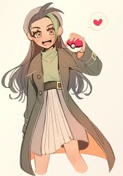 Rule 34 | 1girl, :d, alternate costume, belt, blush, buttons, coat, commentary request, creatures (company), earrings, game freak, green hair, green shirt, hair down, hand up, hat, heart, highres, holding, holding poke ball, jewelry, long hair, long sleeves, looking at viewer, multicolored hair, nemona (pokemon), nintendo, open clothes, open coat, open mouth, pleated skirt, poke ball, poke ball (basic), pokemon, pokemon sv, shirt, skirt, smile, solo, spoken heart, teeth, tisanntisyou, tongue, two-tone hair, upper teeth only