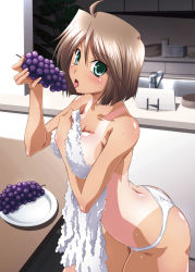 Rule 34 | 1girl, blush, breasts, cleavage, covering privates, covering breasts, eating, food, from side, fruit, grapes, green eyes, highres, holding, holding food, holding fruit, izumi mahiru, kitchen, no bra, one-piece tan, panties, short hair, solo, tan, tanline, tongue, tongue out, topless, towel, underwear, wet, white panties