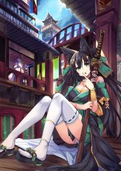 Rule 34 | 2girls, animal ears, architecture, black hair, black kimono, bow, breasts, cleavage, clock, clock tower, clothes between thighs, cloud, day, east asian architecture, fox ears, fox mask, green eyes, green kimono, green skirt, hair ornament, highres, japanese clothes, kimono, large breasts, long hair, looking at viewer, mask, multiple girls, open mouth, original, pagoda, panties, pantyshot, sandals, sheath, sheathed, short kimono, sitting, skirt, sky, sword, tagme, thighhighs, tower, underwear, very long hair, weapon, white legwear, white panties, wooden floor, yoshizawa tsubaki
