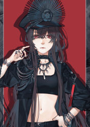 Rule 34 | 1girl, belt, black choker, black nails, border, bracelet, choker, collarbone, crest, crop top, expressionless, family crest, fate/grand order, fate (series), gotronix, hand on belt, hat, highres, holding, jewelry, long hair, looking at viewer, midriff, military hat, navel, necklace, oda nobunaga (fate), oda uri, red background, red eyes, ring, solo, very long hair