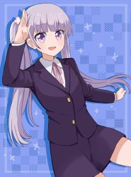 Rule 34 | 1girl, :d, blunt bangs, blush, breasts, commentary request, cu-sith, female focus, flower, formal, hair flower, hair ornament, long hair, long sleeves, looking at viewer, new game!, open mouth, purple eyes, purple hair, ribbon, smile, solo, suit, suzukaze aoba, twintails, very long hair