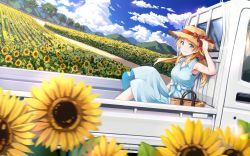 Rule 34 | 1girl, absurdres, bag, blonde hair, blue dress, blue eyes, blue sky, blurry, blurry foreground, closed mouth, cloud, commentary request, day, dirt road, dress, fence, field, flatbed truck, flower, flower field, hachimiya meguru, hair flower, hair ornament, hand on headwear, hat, hat ribbon, highres, idolmaster, idolmaster shiny colors, looking at viewer, macha0331, medium hair, motor vehicle, mountain, mountainous horizon, official style, outdoors, pickup truck, ribbon, road, shoulder bag, sitting, sky, smile, solo, straw hat, summer, sun hat, sundress, sunflower, sunflower field, sunflower petals, tree, truck, vehicle, wooden fence