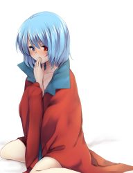 Rule 34 | 1girl, absurdres, bad id, bad pixiv id, blue hair, blush, cape, collarbone, commentary request, cosplay, hand to own mouth, heterochromia, highres, naked cape, nnyara, sekibanki, sekibanki (cosplay), simple background, sitting, solo, tatara kogasa, touhou, wariza, white background