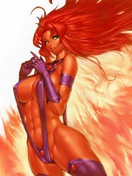Rule 34 | 1girl, abs, ahoge, alternate costume, armband, breasts, colored skin, covered erect nipples, dc comics, eyebrows, fumio (rsqkr), gloves, gorget, green eyes, large breasts, lips, nose, orange skin, purple gloves, red hair, sideboob, slingshot swimsuit, smile, solo, starfire, swimsuit, teen titans, thighhighs