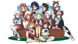 Rule 34 | 6+girls, antenna hair, baseball cap, beanie, black hair, black pantyhose, black shirt, black socks, blue headwear, boots, bow hairband, braid, bright pupils, brown eyes, brown hair, buttons, cable knit, cardigan, closed mouth, collared shirt, commentary request, creatures (company), dawn (pokemon), double bun, eyelashes, eyewear on headwear, game boy, game freak, gloria (pokemon), green hair, green headwear, green shirt, green shorts, green socks, grey cardigan, hair bun, hair flaps, hairband, handheld game console, hat, high ponytail, highres, hilda (pokemon), holding, holding handheld game console, jacket, juliana (pokemon), kneehighs, knees, kris (pokemon), leaf (pokemon), leehzart, logo, long hair, looking down, loose socks, lyra (pokemon), may (pokemon), multiple girls, necktie, nintendo, nintendo 3ds, nintendo switch, official style, orange necktie, outline, pantyhose, pink footwear, pink headwear, pink skirt, pleated skirt, poke ball print, pokemon, pokemon (game), pokemon bw, pokemon bw2, pokemon dppt, pokemon frlg, pokemon gsc, pokemon hgss, pokemon oras, pokemon sm, pokemon sv, pokemon swsh, pokemon xy, raglan sleeves, red footwear, red hairband, red headwear, red shirt, rosa (pokemon), scarf, school uniform, selene (pokemon), serena (pokemon), shirt, shoes, short shorts, short sleeves, shorts, sidelocks, signature, sitting, skirt, sleeveless, sleeveless shirt, smile, sneakers, socks, sunglasses, tam o&#039; shanter, thighhighs, tied shirt, twintails, visor cap, white footwear, white headwear, white jacket, white thighhighs, yellow headwear, yellow shirt, yellow shorts