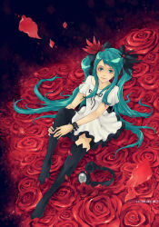 Rule 34 | 1girl, aqua hair, bad id, bad pixiv id, black thighhighs, blue eyes, blue hair, bracelet, female focus, flower, frilled thighhighs, frills, hatsune miku, headphones, image sample, jewelry, legs, long hair, looking up, matching hair/eyes, petals, pixiv sample, red theme, resized, rose, sairin, solo, thighhighs, twintails, very long hair, vocaloid, world is mine (vocaloid)