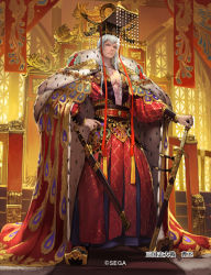 Rule 34 | 1boy, abs, braid, chinese clothes, footwear request, full body, gold trim, guan hat, hand on own hip, headpiece, indoors, looking at viewer, male focus, mian guan, official art, palace, planted, red robe, robe, royal robe, sangokushi taisen, sheath, sheathed, short hair with long locks, side braid, solo, standing, sword, takayama toshiaki, tapestry, twin braids, watermark, weapon, white hair, window