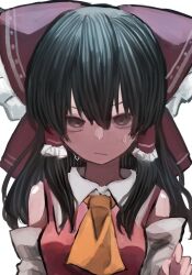 Rule 34 | 1girl, 9302w (user wjpg8475), bare shoulders, black eyes, black hair, bow, detached sleeves, hair bow, hair tubes, hakurei reimu, highres, japanese clothes, long hair, nontraditional miko, red bow, sidelocks, simple background, solo, touhou, upper body, white background, white sleeves