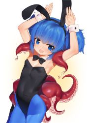 Rule 34 | 1girl, :d, animal ears, arched back, armpits, arms up, bad id, bad twitter id, bare shoulders, black bow, black bowtie, black hairband, black leotard, blue eyes, blue hair, blue pantyhose, borrowed character, bow, bowtie, breasts, cowboy shot, detached collar, fake animal ears, female focus, gradient background, hair between eyes, hairband, highres, leotard, looking at viewer, miyamae (miyazen9311), monster girl, nyame (coco ankou), open mouth, original, pantyhose, playboy bunny, rabbit ears, sidelocks, skin tight, small breasts, smile, solo, standing, standing on one leg, strapless, strapless leotard, suction cups, tentacles, thick eyebrows, twintails, white background, wrist cuffs, yellow background