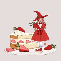 Rule 34 | 1girl, blush, bow, bowtie, braid, cake, cake slice, flower, food, fruit, grey background, hair bow, holding, holding food, holding fruit, long hair, looking at viewer, mini person, minigirl, original, pink hair, plate, ranpanda, red bow, red flower, red rose, rose, simple background, solo, standing, strawberry, strawberry shortcake, twin braids, twintails, wide shot, witch