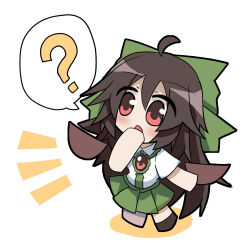 Rule 34 | 1girl, ?, ahoge, bird wings, blush, bow, brown hair, brown wings, chibi, collared shirt, commentary request, detached wings, full body, green bow, green skirt, hair between eyes, hair bow, honyaa (honya--1123), long hair, looking afar, medium bangs, notice lines, open mouth, red eyes, reiuji utsuho, shirt, short sleeves, simple background, skirt, solo, spoken question mark, standing, third eye, touhou, very long hair, white background, white shirt, wings