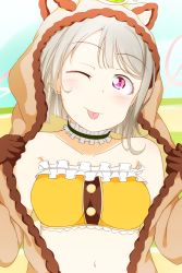 Rule 34 | 1girl, ;), animal ears, animal hood, bandeau, black gloves, blush, bow, breasts, brown gloves, brown hair, brown hoodie, brown jacket, buttons, choker, collarbone, exciting animal (love live!), feitonokesin, female focus, frill trim, frilled bandeau, frilled cuffs, frilled sleeves, frills, fur-trimmed jacket, fur jacket, fur trim, gloves, green bow, green choker, green ribbon, grey hair, hair ornament, heart, heart (symbol), heart print, highres, hood, hood up, hooded jacket, hoodie, jacket, leaf hair ornament, leaf print, light brown hair, long sleeves, looking at viewer, love live!, love live! nijigasaki high school idol club, love live! school idol festival, love live! school idol festival all stars, medium breasts, nakasu kasumi, navel, neck ribbon, one eye closed, orange bandeau, parted lips, pink bow, pink eyes, puffy long sleeves, puffy sleeves, purple eyes, raccoon costume, raccoon ears, raccoon hood, raccoon tail, ribbon, ribbon trim, short hair, small breasts, smile, solo, tail, tongue, tongue out, upper body, white wrist cuffs, wink, wrist cuffs