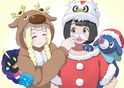 Rule 34 | 2girls, alternate costume, antlers, bad id, bad pixiv id, black hair, blonde hair, blue eyes, blunt bangs, blush, braid, breasts, buttons, character costume, character hat, closed eyes, closed mouth, collarbone, commentary request, cosmog, cosplay, creatures (company), delibird, fake facial hair, fake mustache, game freak, gen 2 pokemon, gen 7 pokemon, gradient background, haido (ryuuno kanzume), hat, highres, hood, horns, kigurumi, legendary pokemon, lillie (pokemon), long hair, long sleeves, looking at viewer, multiple girls, nintendo, open mouth, pokemon, pokemon sm, popplio, red hat, red shirt, santa costume, santa hat, selene (pokemon), shirt, short hair, short sleeves, small breasts, smile, stantler, twin braids, two-tone background, upper body