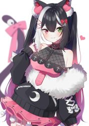 Rule 34 | 1girl, animal ears, black hair, closed mouth, colored tips, commission, green eyes, hair ornament, hairclip, heart, highres, indie virtual youtuber, long hair, mochizuki mochi, multicolored hair, pink eyes, pink hair, qiu yue (vtuber), solo, tail, tail ornament, virtual youtuber, white hair