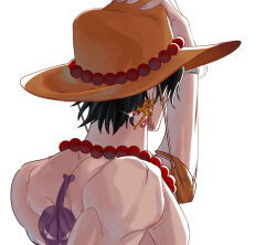 Rule 34 | 1boy, back tattoo, black hair, commentary request, earrings, elbow pads, hand on headwear, hat, jewelry, korean commentary, log pose, male focus, necklace, one piece, orange hat, pearl necklace, portgas d. ace, seseasl, short hair, simple background, single elbow pad, solo, tassel, tassel earrings, tattoo, topless male, upper body, white background