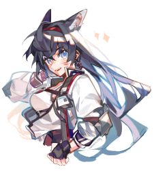 Rule 34 | 1girl, absurdres, animal ears, arknights, black gloves, black hair, blaze (arknights), blue eyes, blush, breasts, cat ears, cropped torso, fingerless gloves, gloves, hair between eyes, hairband, hand up, highres, jacket, long hair, looking at viewer, medium breasts, mokkun354, open clothes, open jacket, parted lips, red hairband, signature, simple background, solo, sparkle, tank top, upper body, very long hair, white background, white jacket, white tank top