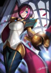 Rule 34 | 1girl, arm behind back, armor, asymmetrical armor, black hair, blue eyes, breasts, cape, covered navel, fiora (league of legends), gauntlets, hair over one eye, holding, holding sword, holding weapon, indoors, large breasts, league of legends, lens flare, looking at viewer, multicolored hair, negister, pants, parted lips, pauldrons, pink hair, rapier, short hair, shoulder armor, solo, sunlight, swept bangs, sword, two-tone hair, weapon