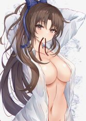 Rule 34 | 1girl, absurdres, blue bow, bow, breasts, brown eyes, brown hair, collared shirt, commentary request, hair bow, highres, large breasts, light smile, long hair, looking at viewer, mito soosu, mouth hold, naked shirt, navel, no bra, open clothes, open shirt, ponytail, shirt, simple background, solo, stomach, tying hair, very long hair, white background, white shirt, wing collar