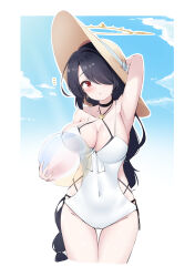 Rule 34 | 1girl, absurdres, armpits, ball, beachball, black choker, black hair, blue archive, blush, breasts, choker, collarbone, covered navel, cowboy shot, cropped legs, hair over one eye, halo, hat, highres, hinata (blue archive), hinata (swimsuit) (blue archive), komasi, large breasts, long hair, looking at viewer, official alternate costume, one-piece swimsuit, red eyes, solo, sun hat, swimsuit, white one-piece swimsuit, yellow halo