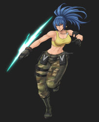 Rule 34 | 1girl, armlet, artist name, bare shoulders, belt, blue eyes, blue hair, boots, breasts, camouflage, camouflage pants, cleavage, combat boots, dog tags, earrings, geoffrey daigon, gloves, highres, jewelry, large breasts, leona heidern, pants, pocket, ponytail, sleeveless, solo, tank top, the king of fighters, the king of fighters xv, twitter username, yellow tank top