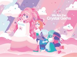Rule 34 | 5girls, amethyst (steven universe), aqua hair, big hair, cloud, commentary request, english text, closed eyes, gloves, hair over eyes, hair over one eye, headband, lips, multiple girls, nitlo, open mouth, pearl (steven universe), pink hair, purple hair, rose quartz universe, ruby (steven universe), sapphire (steven universe), smile, spoilers, star (symbol), steven universe, striped, striped background
