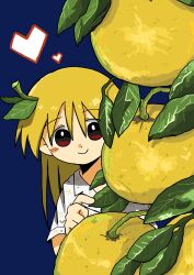 Rule 34 | 1girl, absurdres, blonde hair, blue background, blush stickers, commentary, food, fruit, hair ornament, heart, highres, kishimen udn, leaf hair ornament, long hair, mini person, minigirl, original, plant, pomelo, red eyes, shirt, smile, solo, t-shirt, white shirt