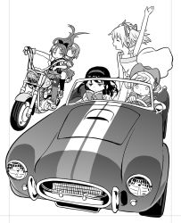 Rule 34 | 10s, 5girls, a10gadget, ac cobra, akemi homura, arms up, blank stare, book, boots, bow, car, closed eyes, commentary request, cowboy hat, dress, drill hair, driving, expressionless, glass, gloves, greyscale, hair bow, hair ornament, hair ribbon, hairband, hat, highres, kaname madoka, mahou shoujo madoka magica, mahou shoujo madoka magica (anime), miki sayaka, monochrome, motor vehicle, motorcycle, multiple girls, open book, open mouth, pantyhose, reading, ribbon, sakura kyoko, simple background, tomoe mami, torn clothes, torn legwear, twin drills, twintails, vehicle, vehicle focus, waving, white background