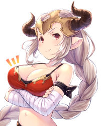 Rule 34 | 1girl, aliza (granblue fantasy), arm wrap, armband, bare shoulders, blush, braid, breasts, cleavage, collarbone, crossed arms, draph, granblue fantasy, hair pulled back, headpiece, highres, horns, large breasts, long hair, looking at viewer, navel, pointy ears, ponytail, red eyes, silver hair, simple background, single braid, smile, solo, strap gap, tomo (tmtm mf mf), upper body, white background
