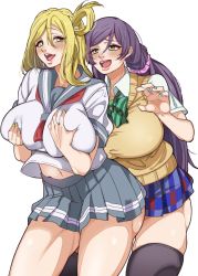 Rule 34 | 10s, 2girls, ass, blonde hair, blush, breast hold, breasts, crossover, curvy, deep skin, gero 1992, green eyes, groping, huge breasts, lips, long hair, love live!, love live! school idol project, love live! sunshine!!, multiple girls, nail polish, ohara mari, open mouth, pleated skirt, plump, purple hair, school uniform, skindentation, skirt, thick thighs, tojo nozomi, twintails, white background, yuri