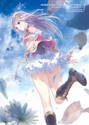 Rule 34 | 1girl, absurdres, atelier (series), atelier lulua, blue sky, blunt bangs, boots, cloud, cloudy sky, cross-laced footwear, day, elmerulia fryxell, flower, from below, green eyes, grey hair, hair ornament, heart, highres, kishida mel, knee boots, lace-up boots, long hair, long sleeves, looking at viewer, looking back, miniskirt, official art, outdoors, petals, simple background, skirt, sky, solo, thighs, white skirt