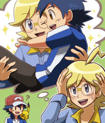Rule 34 | 2boys, ?, ahoge, angry, ash ketchum, black hair, blonde hair, blue eyes, blue jumpsuit, blue track suit, blush, carrying, clemont (pokemon), confused, creatures (company), fantasy, game freak, gen 1 pokemon, green background, imagining, jumpsuit, looking at another, multiple boys, nintendo, pikachu, pokemon, pokemon (anime), pokemon (creature), pokemon xy (anime), princess carry, raia26, simple background, sparkle, spiked hair, thought bubble, upper body, yaoi, yellow collar